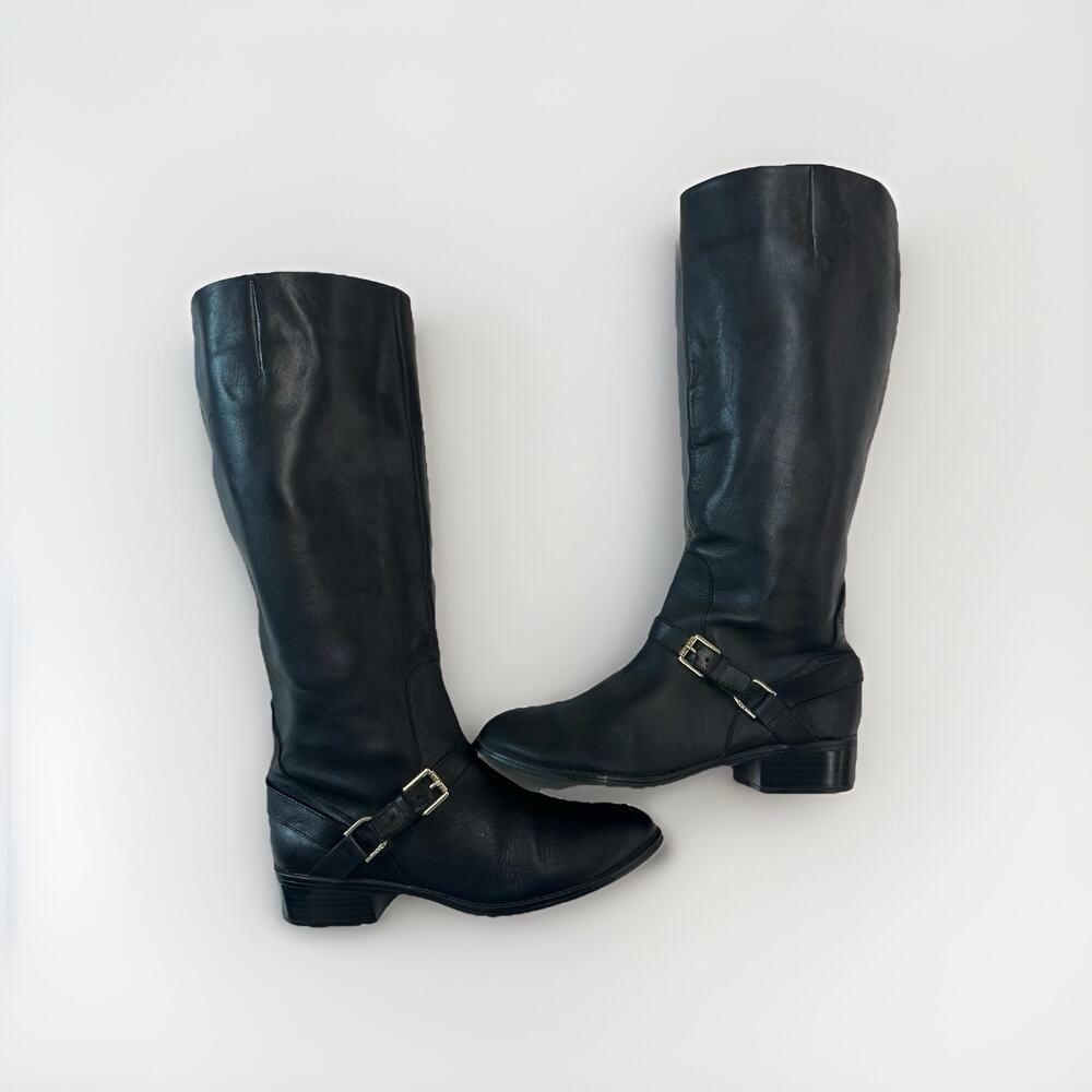 Ralph Lauren Women’s Size 8.5 Black Equestrian Leather Boots Mila Gold Buckles
